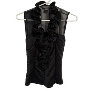 GRACIA Black Sheer Ruffle Mock Neck Sleeveless Top Womens Small Glam Party